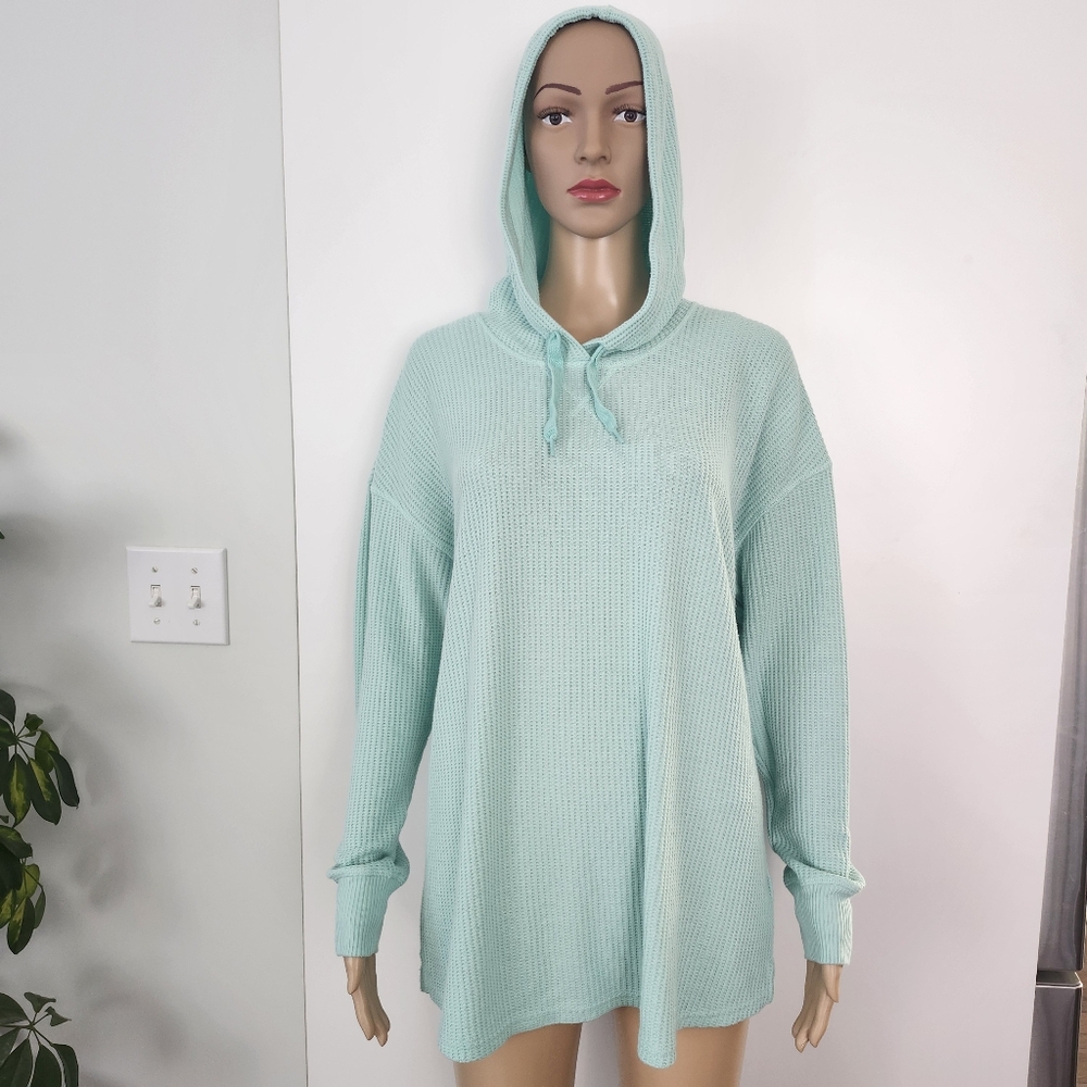 L.L. BEAN Women's Mint Green Stretchy Waffle Knit‎ Pullover Hoodie Large Casual